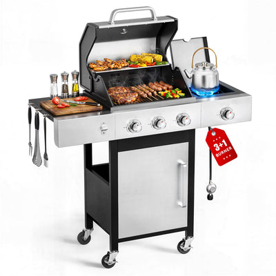 3 Burner Gas Grill with Side Burner,40800 BTU Barbecue Grill Propane Stainless Steel BBQ Grill with Porcelain-Enameled Cast Iron Grates for Outdoor Cooking