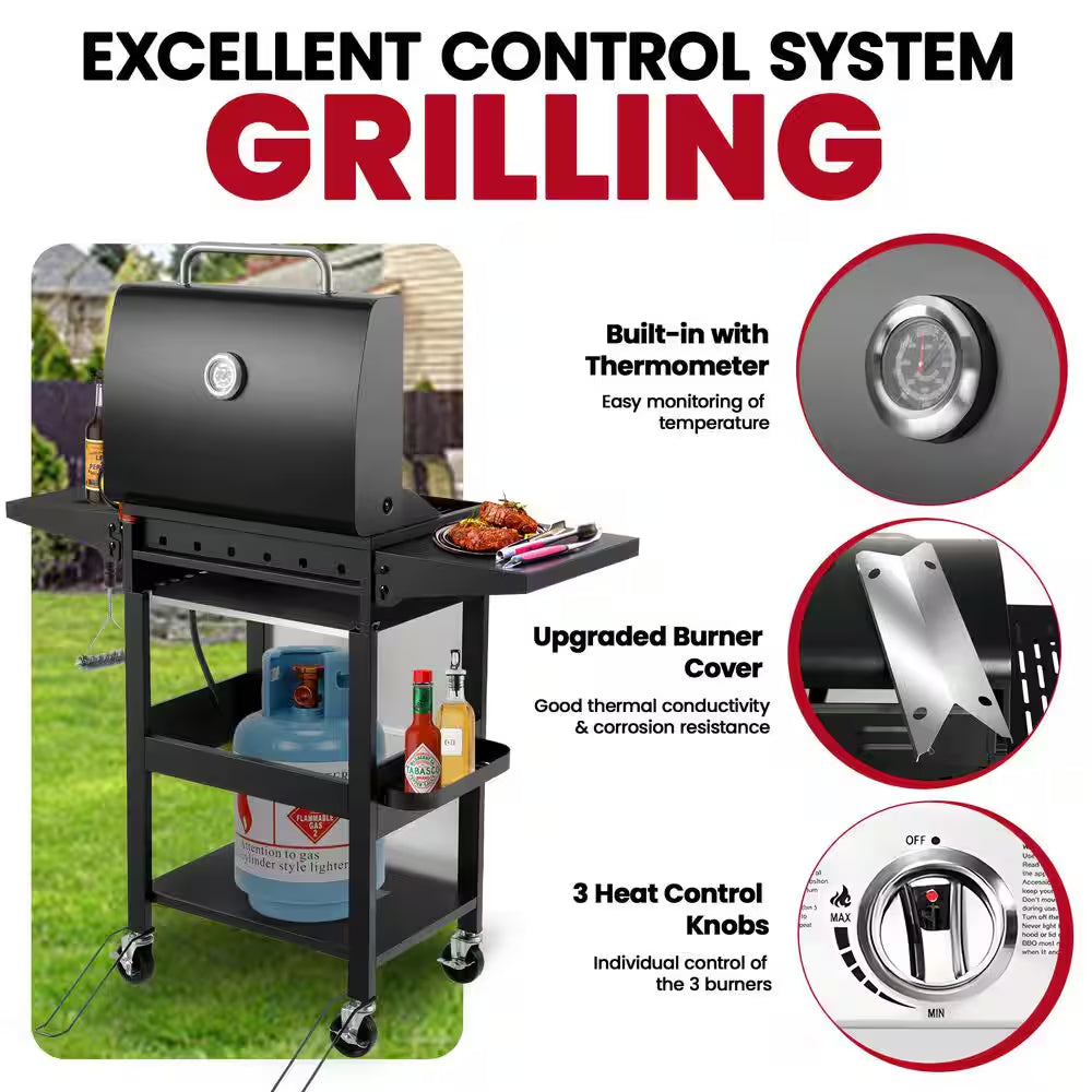 30,000 BTU 3-Burner Outdoor BBQ Portable Propane Gas Grill in Stainless Steel Silver with 2-Side Tables, 4-Wheel Casters