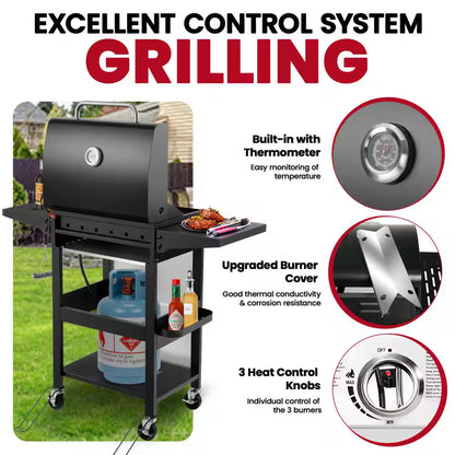 30,000 BTU 3-Burner Outdoor BBQ Portable Propane Gas Grill in Stainless Steel Silver with 2-Side Tables, 4-Wheel Casters