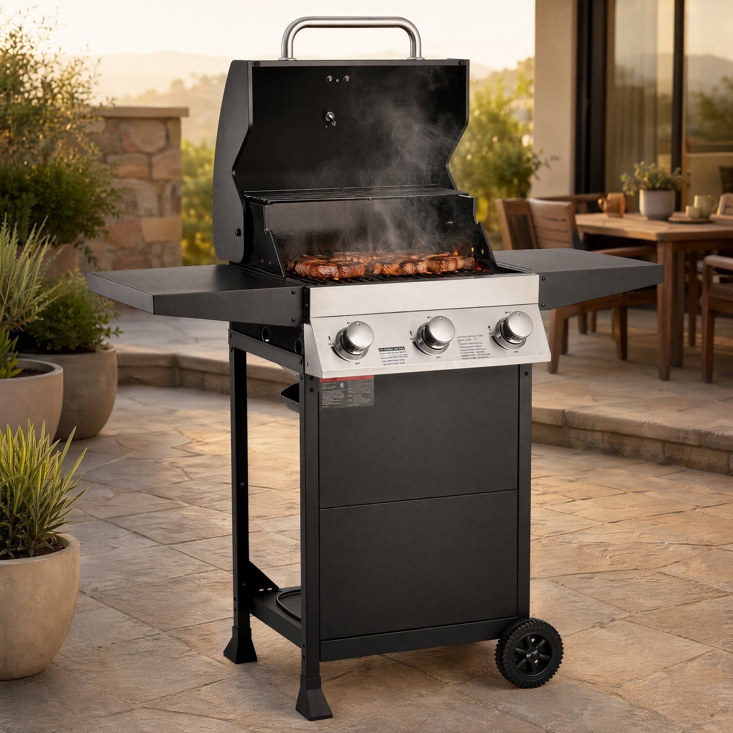 3‑Burner Propane Gas Grill 36000 BTU Stainless Steel BBQ Grill, 338 Sq.In Cooking Area with Warming Rack Freestanding Outdoor Grill for Patio Backyard Garden Cooking