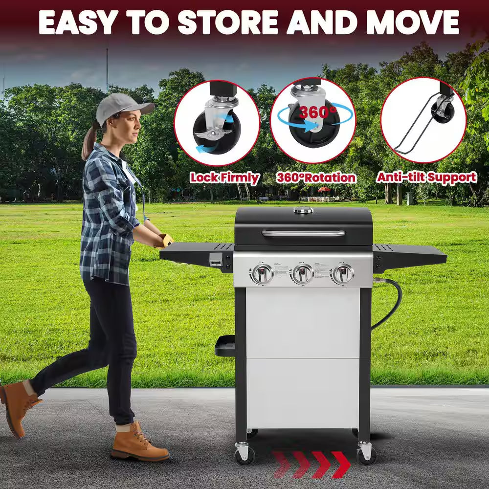 30,000 BTU 3-Burner Outdoor BBQ Portable Propane Gas Grill in Stainless Steel Silver with 2-Side Tables, 4-Wheel Casters