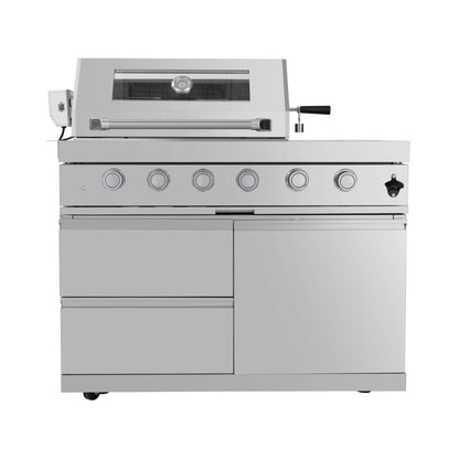 Castelle Flame Imperial 110-Inch 4-Burner 72K BTU Deluxe Stainless Steel Outdoor Kitchen Grill Island With Wine Cooler, Rotisserie, Cabinets, And Granite Countertops