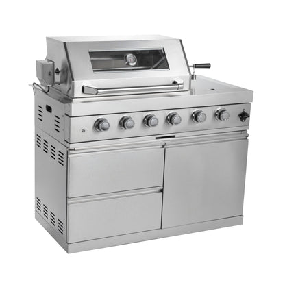 Castelle Flame Imperial 110-Inch 4-Burner 72K BTU Deluxe Stainless Steel Outdoor Kitchen Grill Island With Wine Cooler, Rotisserie, Cabinets, And Granite Countertops