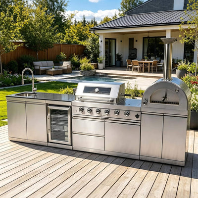 Blazon 125-Inch 4-Burner 108K BTU Outdoor Kitchen Island With Pizza Oven, Rotisserie & Refrigerator
