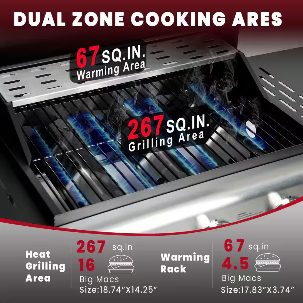 30,000 BTU 3-Burner Outdoor BBQ Portable Propane Gas Grill in Stainless Steel Silver with 2-Side Tables, 4-Wheel Casters
