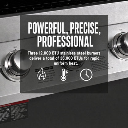 3‑Burner Propane Gas Grill 36000 BTU Stainless Steel BBQ Grill, 338 Sq.In Cooking Area with Warming Rack Freestanding Outdoor Grill for Patio Backyard Garden Cooking