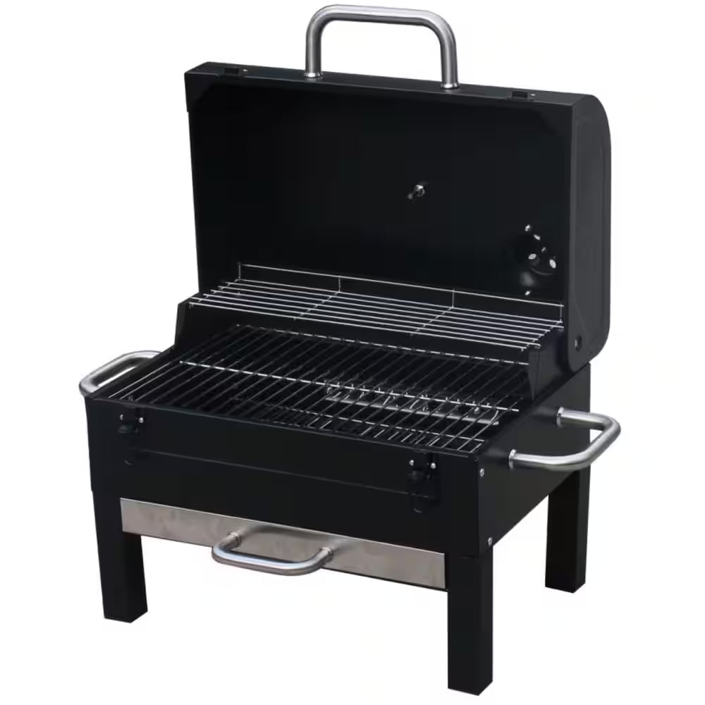 Portable Charcoal Grill 18-Inch Tabletop Grill in Black with Side Handles and Lid
