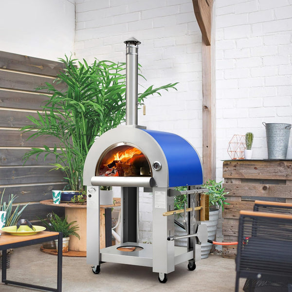 KOSTCH 32.5 Inch Wood Fired and Propane Gas Pizza Oven for Outdoor Kitchen in Stainless Steel, Large Pizza Oven for Outside, Yard and Party (Blue with Cover)