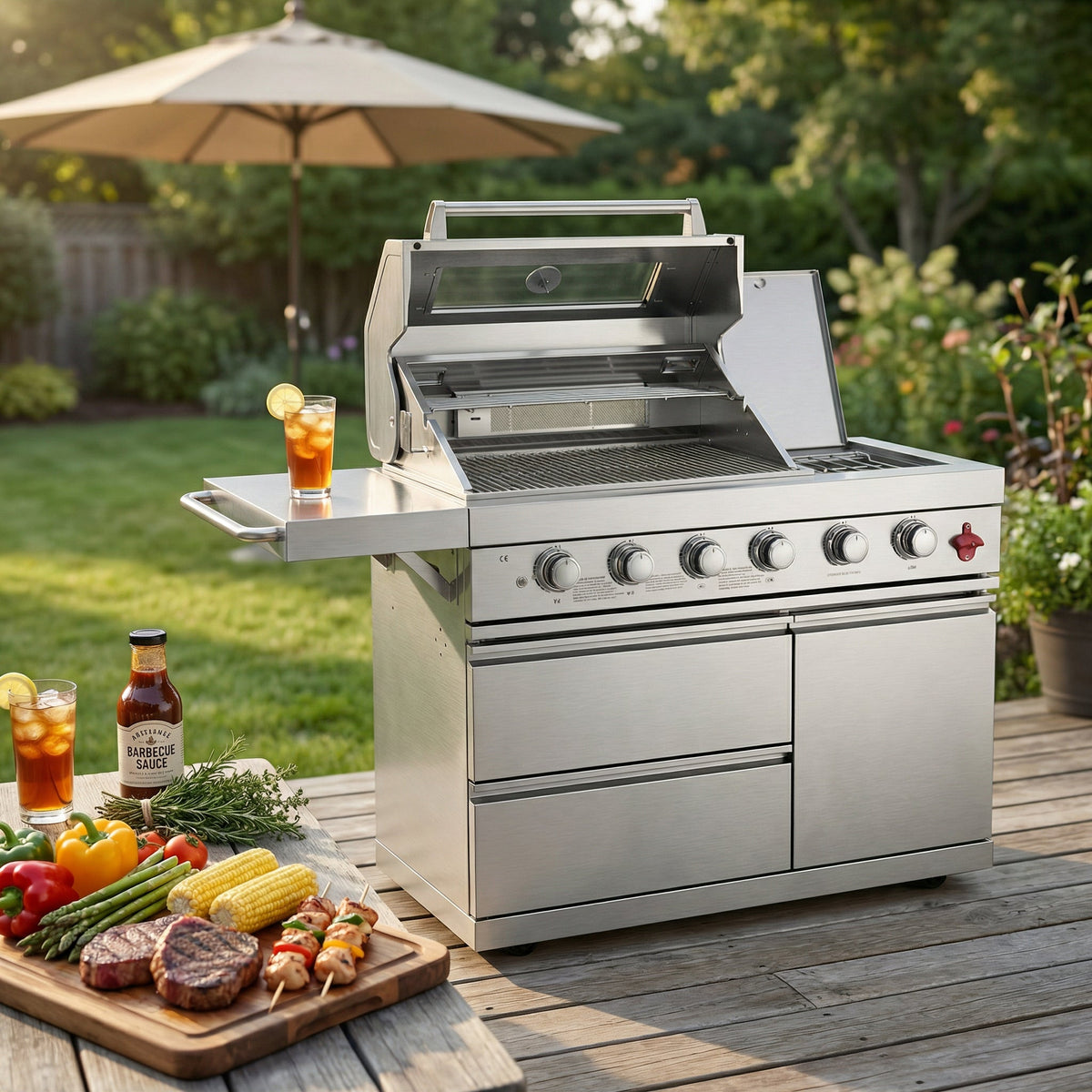 Fuente 75300 BTU 6 Burners Deluxe Stainless Steel Gas Outdoor Kitchen Barbecue Island Grill
