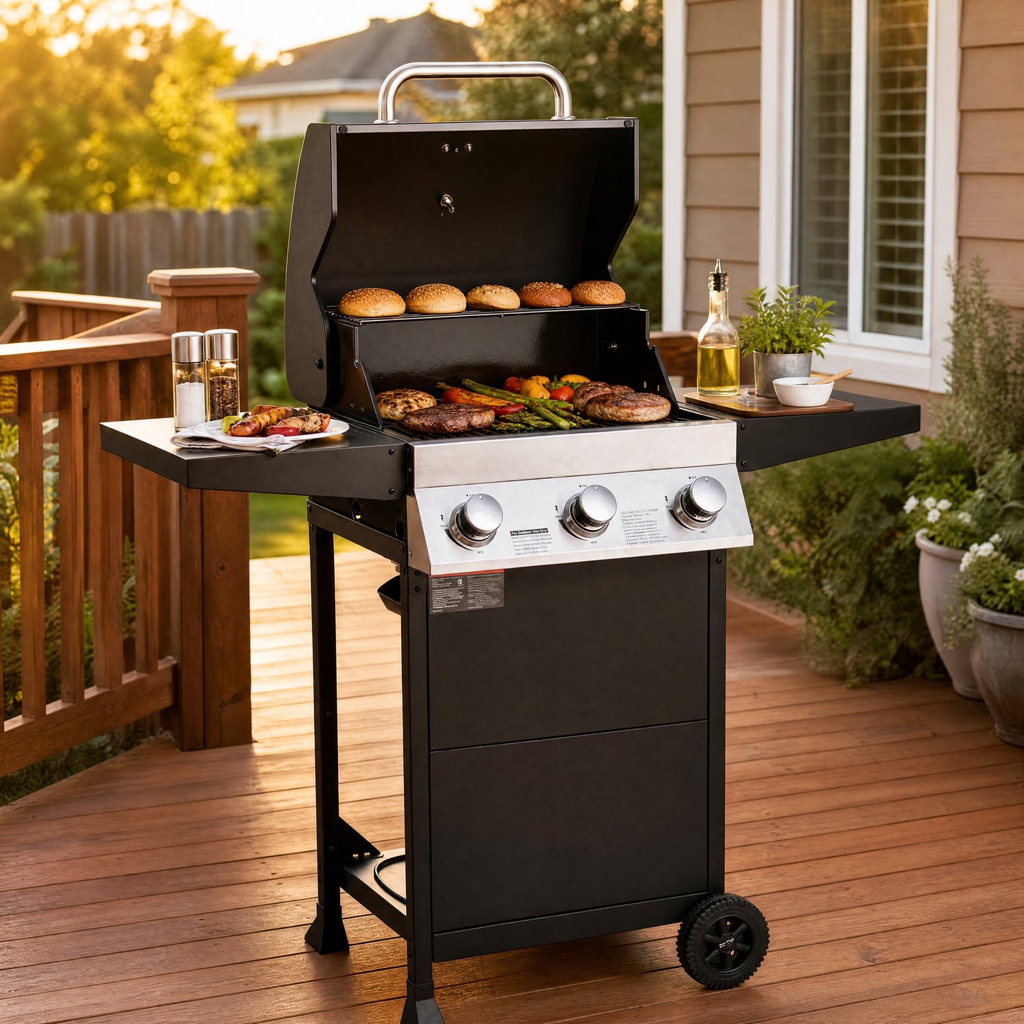 3‑Burner Propane Gas Grill 36000 BTU Stainless Steel BBQ Grill, 338 Sq.In Cooking Area with Warming Rack Freestanding Outdoor Grill for Patio Backyard Garden Cooking