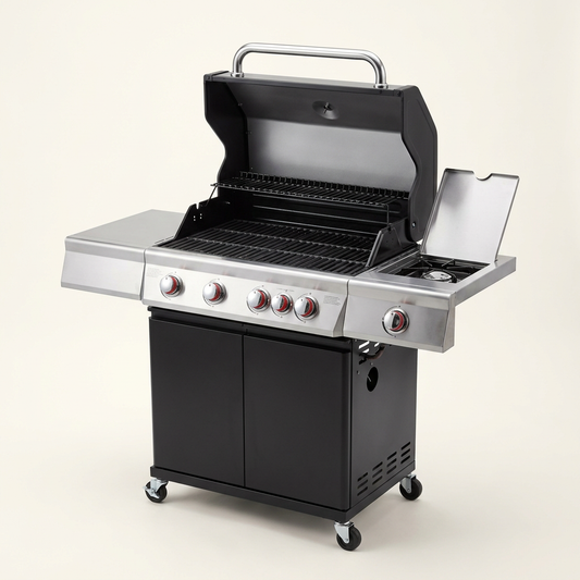 4 Burner Propane Gas Grill with Side Burner, Stainless Steel BBQ Grill 48,500 BTU for Outdoor Cooking Kitchen, Garden and Patio Backyard Barbecue, Dark Black and Silver — Studio Shot
