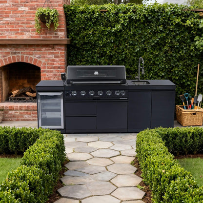 Castelle Flame Belmont 43-Inch 6-Burner 85K BTU Stainless Steel Outdoor BBQ Kitchen Grill Island With Wine Cooler, Rotisserie, And Sink (SAK19476)