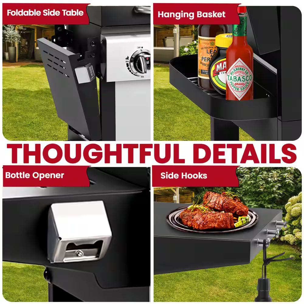 30,000 BTU 3-Burner Outdoor BBQ Portable Propane Gas Grill in Stainless Steel Silver with 2-Side Tables, 4-Wheel Casters