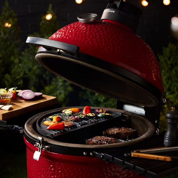 Kamado Joe Classic Joe II 18 In. Charcoal Grill in Red with Cart, Side Shelves, Grate Gripper, and Ash Tool