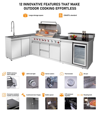 Cherylife Outdoor Kitchen Island with 6+1 Burner Propane Gas BBQ Grill