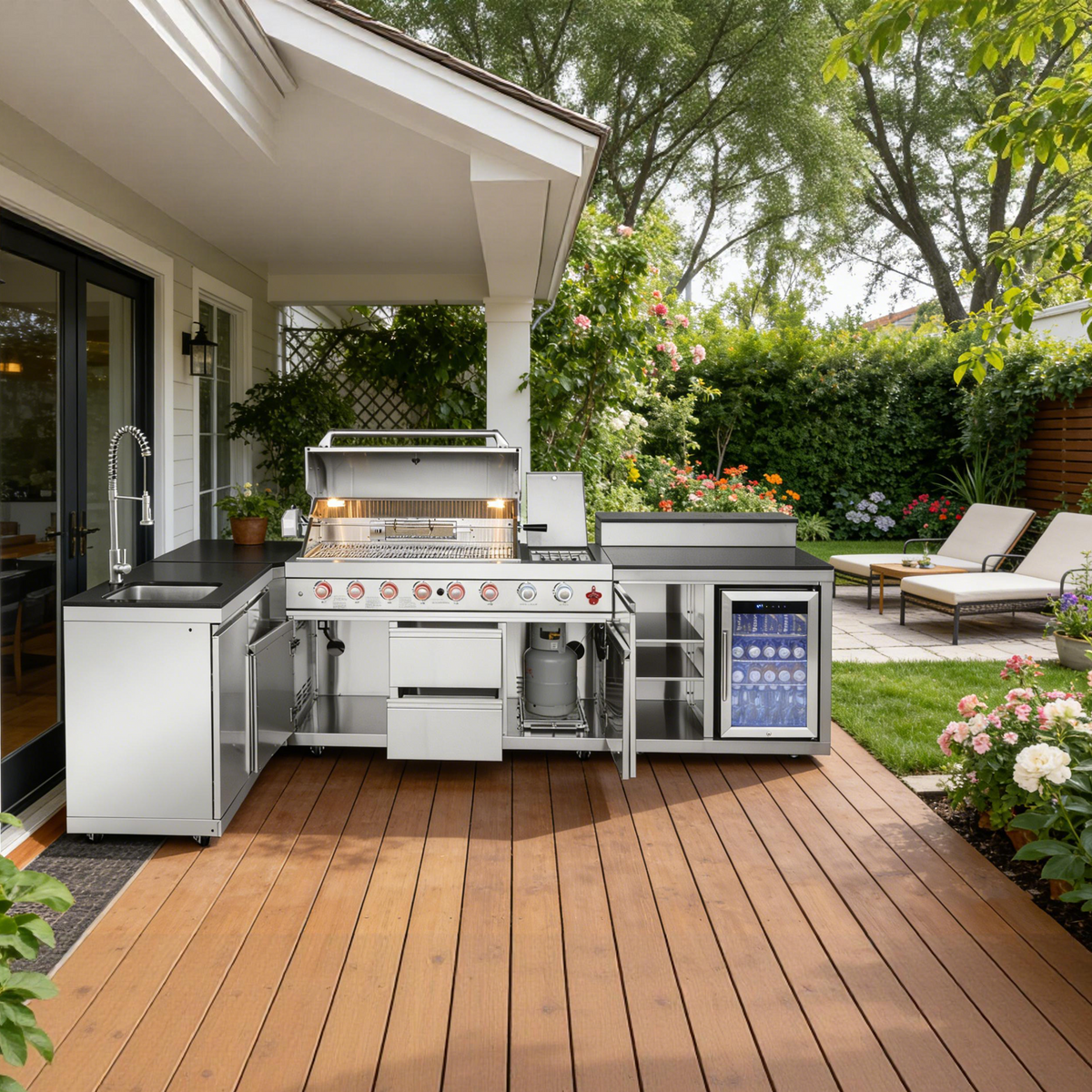 Cherylife Outdoor Kitchen Island with 6+1 Burner Propane Gas BBQ Grill