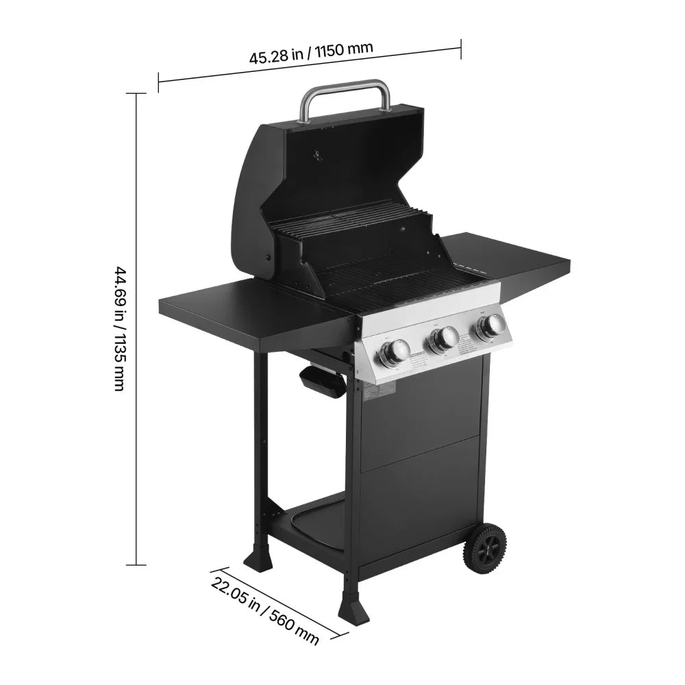 3‑Burner Propane Gas Grill 36000 BTU Stainless Steel BBQ Grill, 338 Sq.In Cooking Area with Warming Rack Freestanding Outdoor Grill for Patio Backyard Garden Cooking