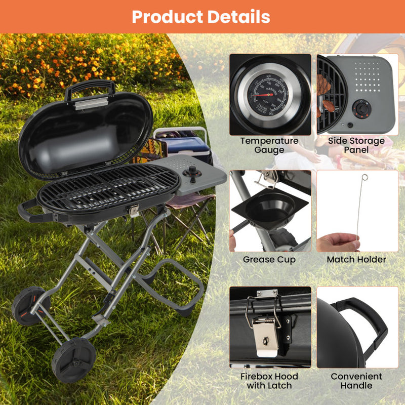 15000 BTU Portable Propane BBQ Grill with Wheels and Side Shelf