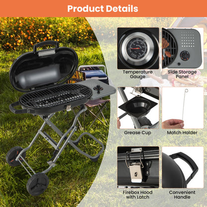 15000 BTU Portable Propane BBQ Grill with Wheels and Side Shelf