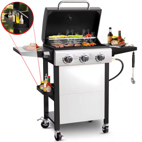 30,000 BTU 3-Burner Outdoor BBQ Portable Propane Gas Grill in Stainless Steel Silver with 2-Side Tables, 4-Wheel Casters