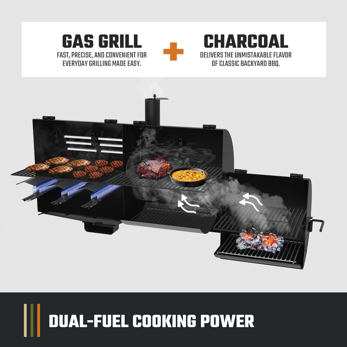 Canyon Combo Dual Fuel 3-Burner Propane Gas and Charcoal Smoker and Grill with 1031 Sq. In. Cooking Area in Black