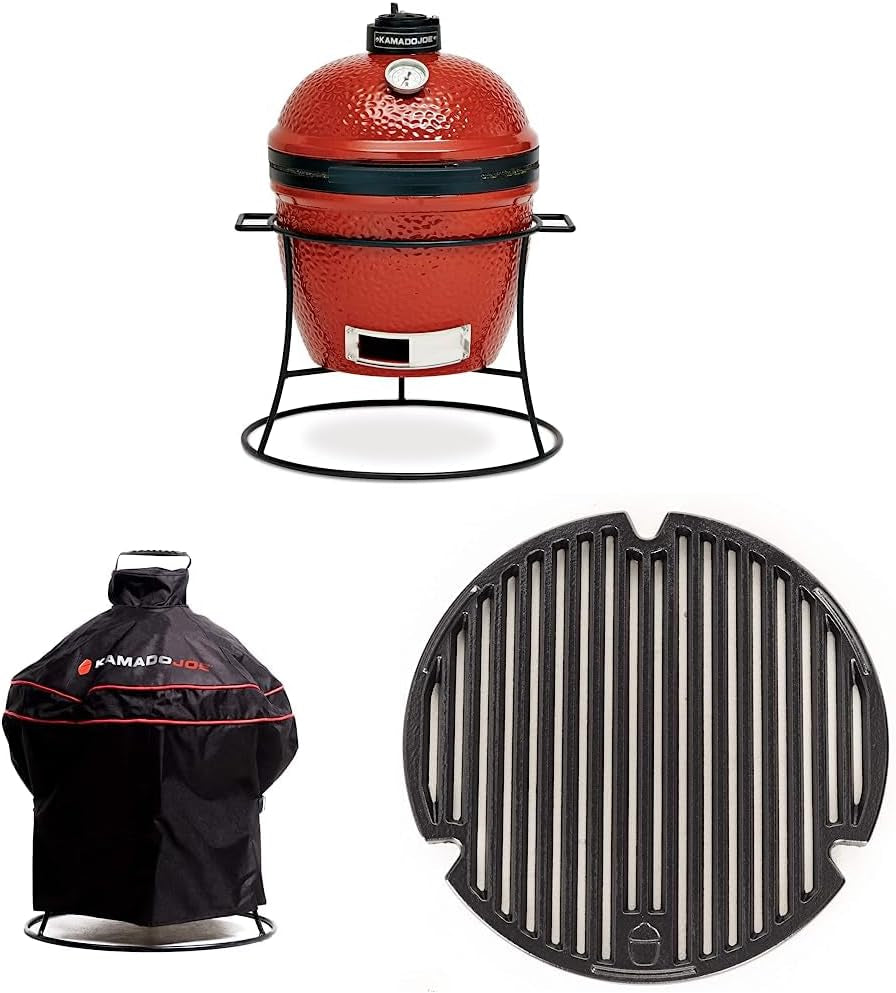 KJ13RH 13.5 Inch Portable Charcoal Grill, Blaze Red - Includes KJ15080420 Grill Cover, Black & Cast Iron Sear Plate (KJ15090620) for Classic Joe and Joe Jr Grills
