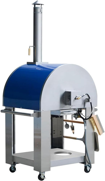 32.5 Inch Wood Fired and Propane Gas Pizza Oven for Outdoor Kitchen in Stainless Steel, Large Pizza Oven for Outside, Yard and Party (Blue with Cover)