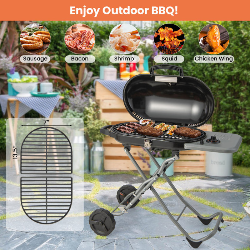 15000 BTU Portable Propane BBQ Grill with Wheels and Side Shelf