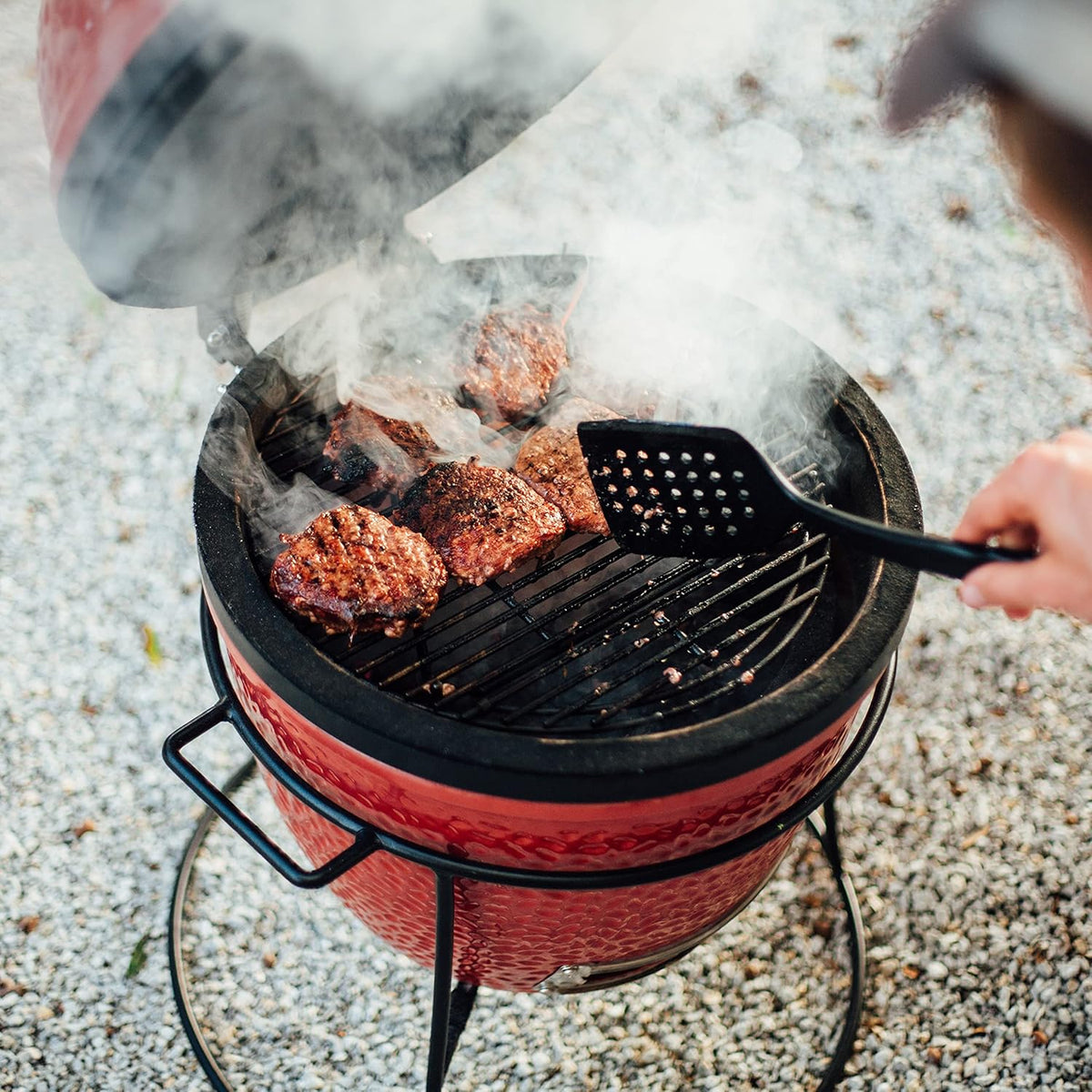 KJ13RH Joe Jr. 13.5 Inch Portable Charcoal Grill with Cast Iron Cart and Heat Deflectors, Blaze Red and  KJ15090620 Cast Iron Sear Plate