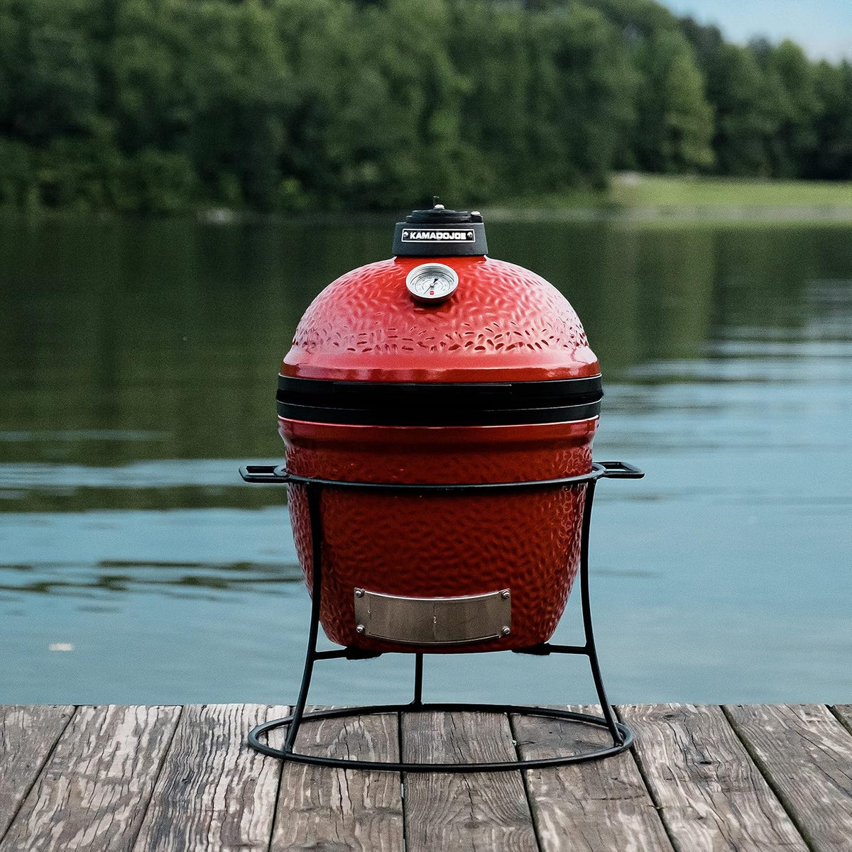 KJ13RH Joe Jr. 13.5 Inch Portable Charcoal Grill with Cast Iron Cart and Heat Deflectors, Blaze Red and  KJ15090620 Cast Iron Sear Plate