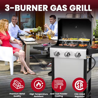 30,000 BTU 3-Burner Outdoor BBQ Portable Propane Gas Grill in Stainless Steel Silver with 2-Side Tables, 4-Wheel Casters