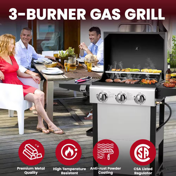 30,000 BTU 3-Burner Outdoor BBQ Portable Propane Gas Grill in Stainless Steel Silver with 2-Side Tables, 4-Wheel Casters