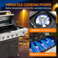 4 Burner Propane Gas Grill with Side Burner, Stainless Steel BBQ Grill 48,500 BTU for Outdoor Cooking Kitchen, Garden and Patio Backyard Barbecue, Dark Black and Silver