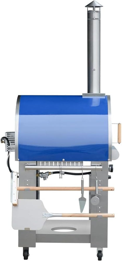 32.5 Inch Wood Fired and Propane Gas Pizza Oven for Outdoor Kitchen in Stainless Steel, Large Pizza Oven for Outside, Yard and Party (Blue with Cover)