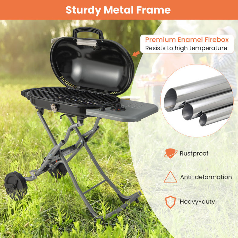 15000 BTU Portable Propane BBQ Grill with Wheels and Side Shelf