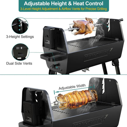 Brandman Grills Portable 2-In-1 Charcoal Rotisserie Grill with Spit Roaster & Motor, BBQ Outdoor Cooking