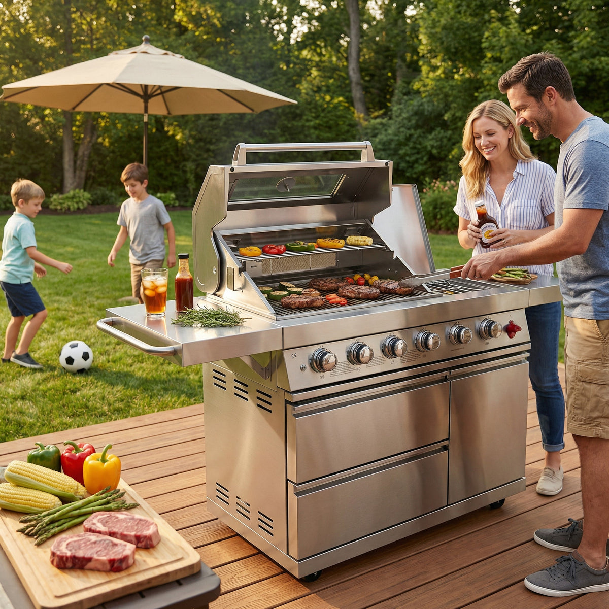 Fuente 75300 BTU 6 Burners Deluxe Stainless Steel Gas Outdoor Kitchen Barbecue Island Grill
