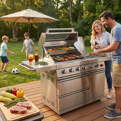 Fuente 75300 BTU 6 Burners Deluxe Stainless Steel Gas Outdoor Kitchen Barbecue Island Grill