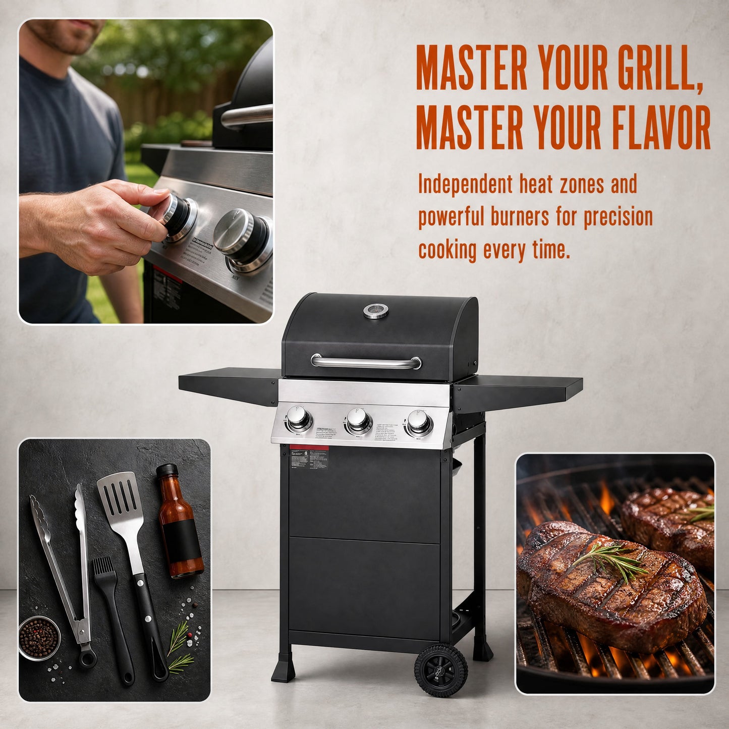 3‑Burner Propane Gas Grill 36000 BTU Stainless Steel BBQ Grill, 338 Sq.In Cooking Area with Warming Rack Freestanding Outdoor Grill for Patio Backyard Garden Cooking