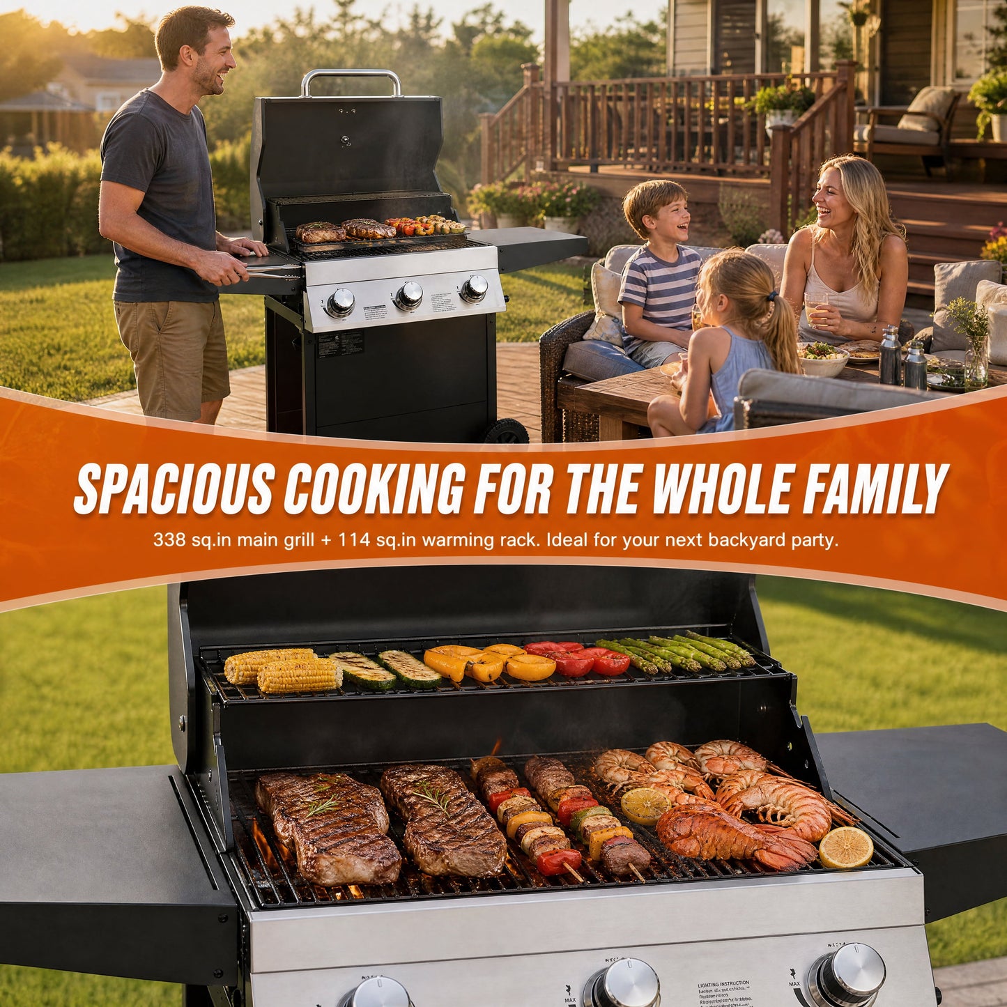 3‑Burner Propane Gas Grill 36000 BTU Stainless Steel BBQ Grill, 338 Sq.In Cooking Area with Warming Rack Freestanding Outdoor Grill for Patio Backyard Garden Cooking