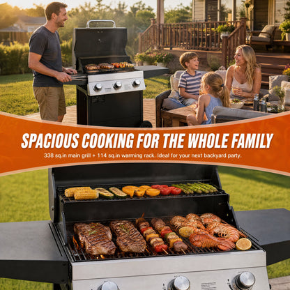 3‑Burner Propane Gas Grill 36000 BTU Stainless Steel BBQ Grill, 338 Sq.In Cooking Area with Warming Rack Freestanding Outdoor Grill for Patio Backyard Garden Cooking