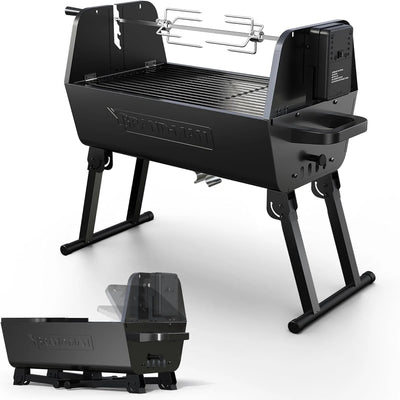 Brand-Man Grills Portable 2-In-1 Charcoal Rotisserie Grill with Spit Roaster & Motor, BBQ Outdoor Cooking