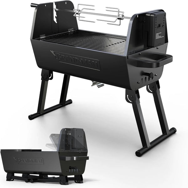 Brandman Grills Portable 2-In-1 Charcoal Rotisserie Grill with Spit Roaster & Motor, BBQ Outdoor Cooking