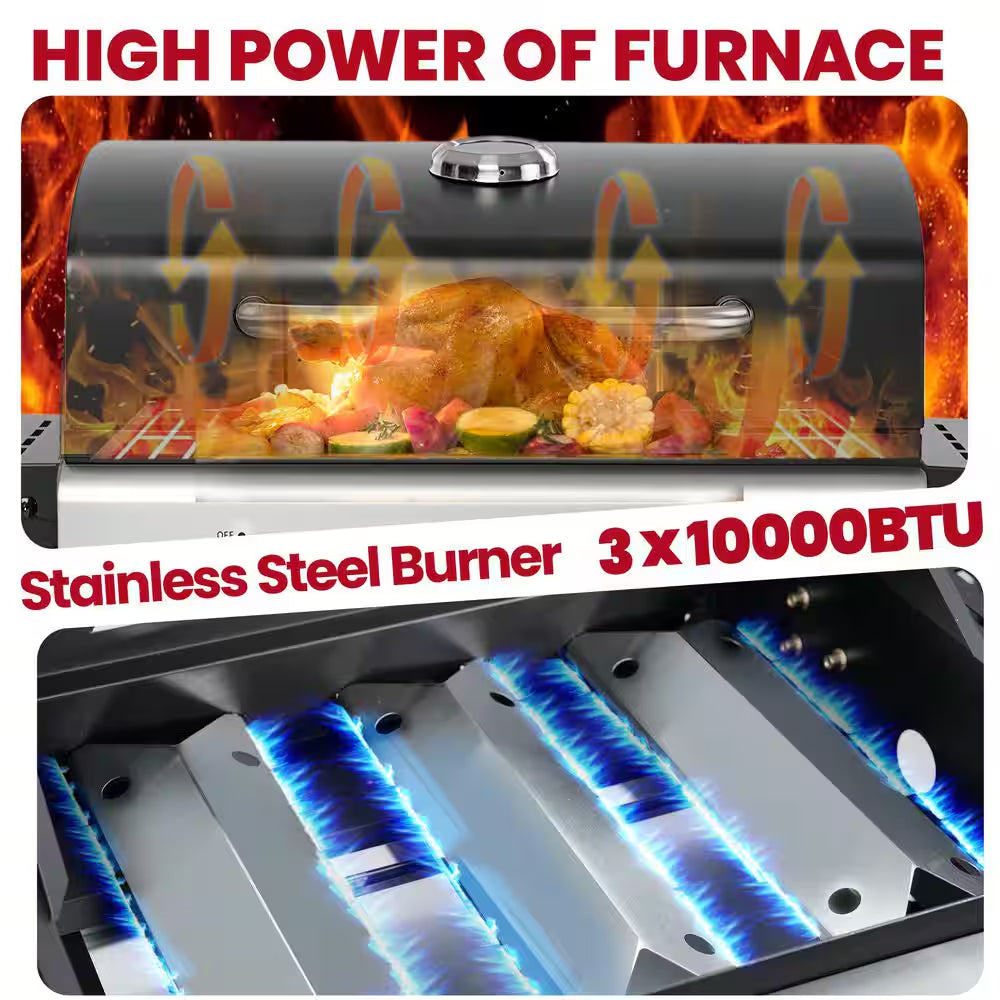 30,000 BTU 3-Burner Outdoor BBQ Portable Propane Gas Grill in Stainless Steel Silver with 2-Side Tables, 4-Wheel Casters