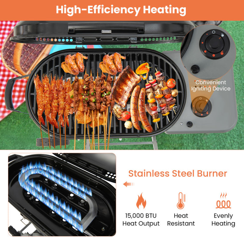 15000 BTU Portable Propane BBQ Grill with Wheels and Side Shelf