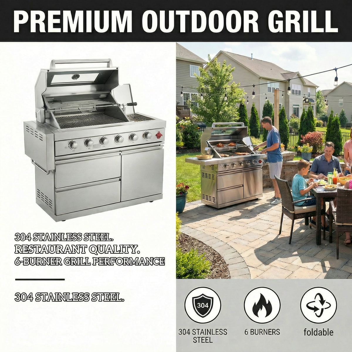 Fuente 75300 BTU 6 Burners Deluxe Stainless Steel Gas Outdoor Kitchen Barbecue Island Grill