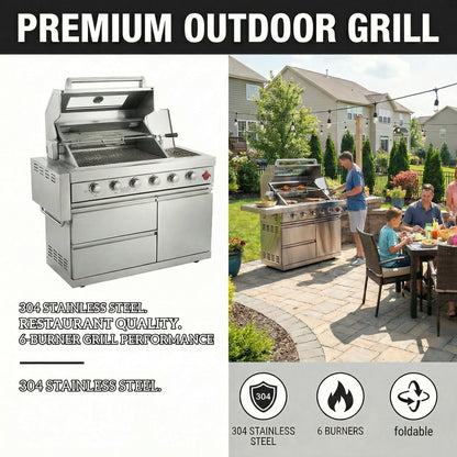 Fuente 75300 BTU 6 Burners Deluxe Stainless Steel Gas Outdoor Kitchen Barbecue Island Grill