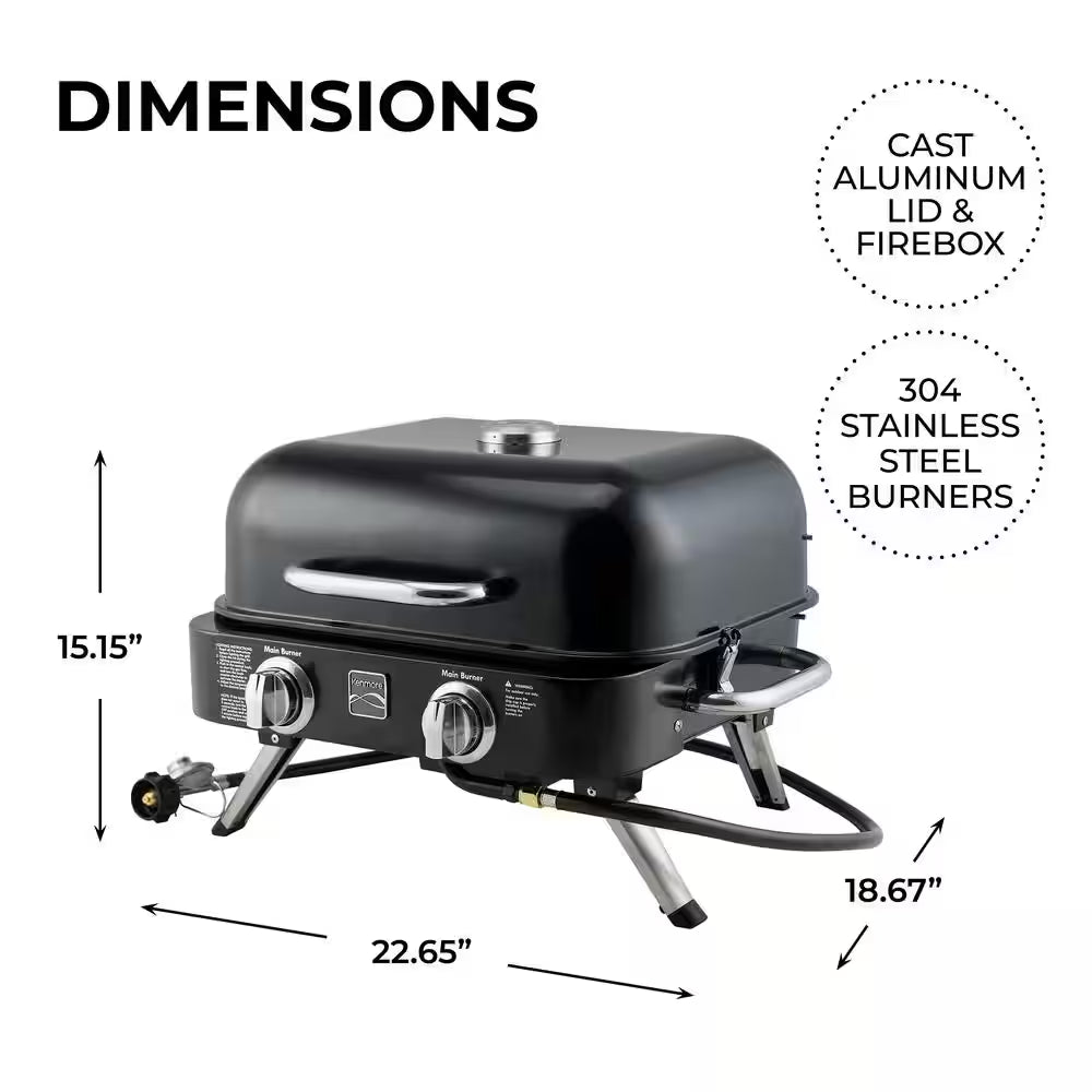 2-Burner Retro Portable Propane Gas Grill in Black