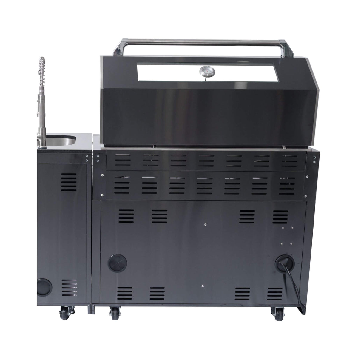 Castelle Flame Inferno Premium Black Stainless Steel 6-Burner Liquid Propane Kitchen Grill Island with Rotisserie Kit