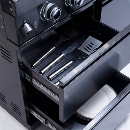Castelle Flame Inferno Premium Black Stainless Steel 6-Burner Liquid Propane Kitchen Grill Island with Rotisserie Kit